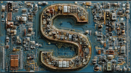 An artistic representation features the letter S constructed from integrated circuit boards and various electronic components. The composition showcases a detailed arrangement of microchips, resistors, and connectors in a mosaic-like pattern. This abstract design, lit overhead, conveys a sense of technology and innovation, suitable for digital media and design projects.の素材
