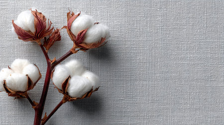Three cotton flowers are captured in close-up against a textured gray backdrop. The image showcases soft white blooms and brown stems, with a neutral color palette. The composition may be suitable for textile or natural product advertising, or editorial content related to botany or agriculture.の素材