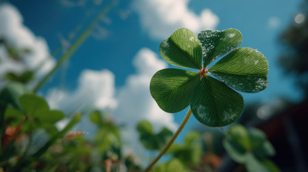 A close-up captures a four-leaf clover, showcasing its green leaves against a backdrop of a bright blue sky filled with fluffy white clouds. The image is taken outdoors in daylight, possibly in a field. This image is suitable for various applications, including commercial use and editorial content.の素材