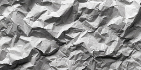This image presents a detailed view of a crumpled paper surface. The monochromatic composition reveals intricate textures and shadows. The composition and lighting create a sense of depth. It could be useful for projects related to design, backgrounds, or representing ideas. It is suitable for commercial and editorial uses.の素材