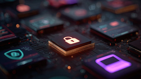 A detailed image showcases a computer chip with a glowing lock icon, symbolizing security. The composition highlights various circuit components in a blurred background. The style uses a shallow depth of field, with strategic lighting and color to emphasize the subject. Suitable for concepts of technology, data protection, and digital safety.の素材