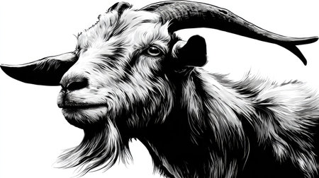 A detailed black and white illustration presents a goat with impressive curved horns and a long, flowing beard. The image emphasizes texture and contrast with a focus on the animal's features. This artwork is suitable for use in various projects including educational materials and design elements with a focus on animals.の素材