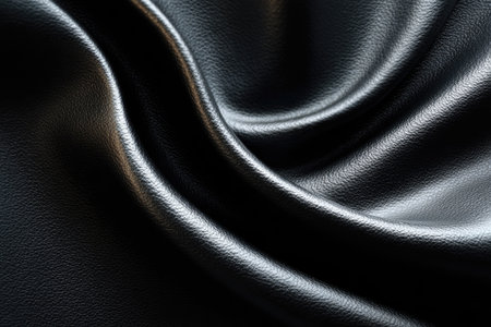 This image showcases a close-up view of a black leather surface, highlighting its texture and curved lines. The lighting creates dynamic shadows, emphasizing the material's depth and form. Suitable for various applications, this image can be used in design, marketing, or editorial projects, offering a sophisticated background element.の素材
