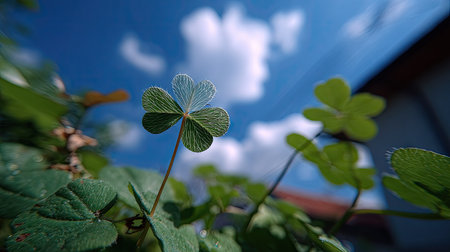 A close-up captures a bright green clover, its delicate leaves contrasted against a clear blue sky dotted with white clouds. The composition utilizes shallow depth of field, bringing the clover into sharp focus while blurring the background. This image could be used for various projects, including editorial features or marketing visuals.の素材