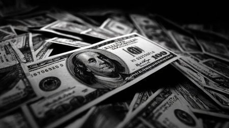 This grayscale image showcases a collection of American dollar bills. The composition highlights the textured surface of the money, using high-contrast lighting to accentuate the details. The scene evokes concepts of finance and wealth, and could be utilized in commercial projects, such as those related to business and economics.の素材