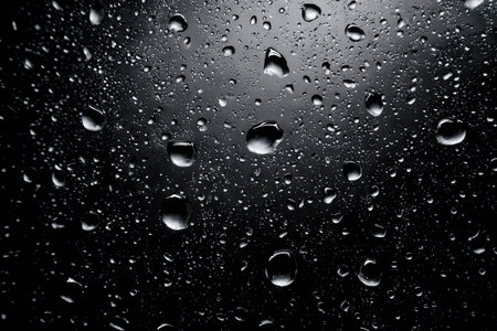This image showcases a close-up view of numerous water droplets against a dark, possibly black, background. The droplets vary in size and create a reflective effect. The lighting suggests an artificial or studio environment. The image can be suitable for various commercial purposes, including backgrounds and abstract designs.の素材