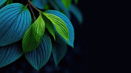 A close-up captures leaves in striking shades of green and blue, contrasted against a dark backdrop. The composition highlights textures and intricate details. The style suggests potential use in advertising, web design, or editorial projects requiring a natural yet modern aesthetic. It creates visual interest for various applications.の素材