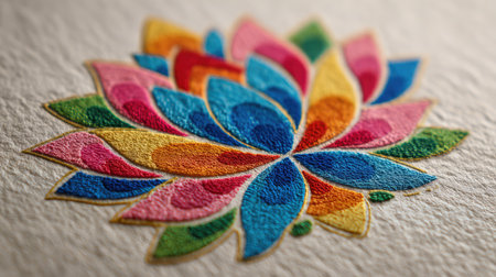 An embroidered flower displays vibrant hues of pink, blue, yellow, and orange. The image showcases intricate needlework on a textured surface, possibly fabric or paper. The composition uses a close-up perspective and soft lighting, ideal for design elements and visual projects. It could be useful for various commercial and decorative applications.の素材