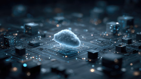 A digital illustration depicts a cloud shape hovering above an abstract circuit board, with a cool blue and teal palette dominating the scene. The composition uses a shallow depth of field, highlighting the central cloud. This imagery could be employed in materials discussing data storage or network solutions.の素材