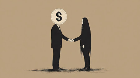 This conceptual illustration depicts two figures in suits shaking hands. One figure has a coin for a head. The artwork uses a simple style, with limited color and a neutral background. The lighting is soft, emphasizing the figures. It may be suitable for illustrating financial agreements or business partnerships.の素材