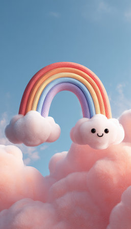 An illustration depicts a vibrant rainbow arching over soft, cartoonish clouds against a light blue sky. The scene is rendered in gentle pastel colors, suggesting a bright day. This image could be suitable for various commercial applications, including children's media or designs promoting happiness.の素材