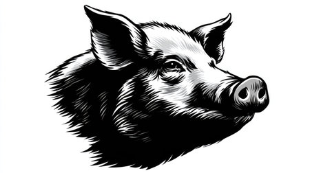 This detailed monochrome illustration presents the head of a wild boar, rendered in a striking black and white style. The artwork emphasizes textures and shadow play. The composition is isolated on a clean background. Suitable for various applications, including print media, educational materials, and design projects.の素材
