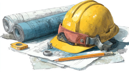 This image presents construction equipment with detailed blueprints, a yellow hard hat, and a pencil. The composition features a well-lit, overhead view. Textures are emphasized, creating a realistic look. This image is suitable for various commercial uses, including advertising and educational materials. It avoids any specific place names.の素材