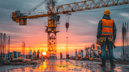 A construction worker stands on a building site, overseeing a construction project at sunset. The image displays a construction crane, concrete structures, and the silhouette of other workers. The sky displays vibrant hues, indicating a transition from day to night. This image is suitable for various commercial uses, including articles and advertising.の素材