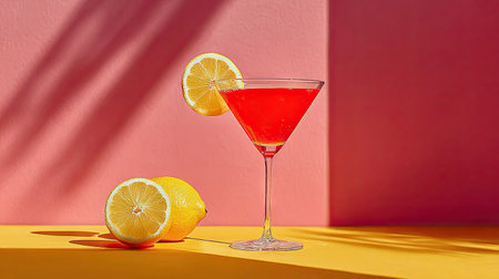A cosmopolitan cocktail is displayed in a martini glass against a vibrant background. The image presents a bright red drink with fresh lemon slices, and shadow play. It is shot in a studio setting with a clean composition. Suitable for commercial projects involving beverages, culinary themes, or lifestyle content.の素材