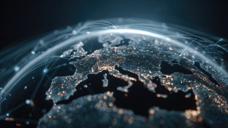 This digital illustration depicts the Earth from space, with a focus on Europe, highlighting numerous network connections. The image features a dark background, bright lines, and a spherical perspective. It is suitable for use in technology, communication, or globalization-themed projects, offering a modern visual.の素材