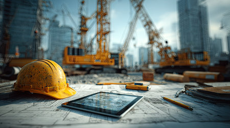 A construction site is depicted with a close-up of a yellow safety helmet, tablet, and blueprints. The scene features construction cranes and partially visible buildings. The color palette includes yellows, blues, and grays. This image could be used for construction or business-related projects.の素材