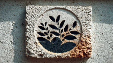 A square stone relief displays a stylized plant design within a circular frame. The artwork features contrasting textures with a rough outer surface and a smooth, dark background. The composition suggests an outdoor setting with natural light, suitable for decorative and artistic applications.の素材