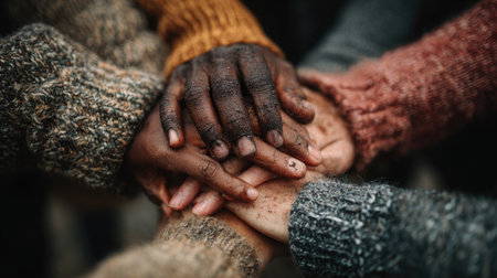 Close-up captures a group of hands, diverse in skin tones, clasped together. The image highlights textures of knitted sweaters and skin. Soft lighting emphasizes the hands. This composition suggests concepts of teamwork and support. Suitable for illustrating ideas related to community and partnership.の素材