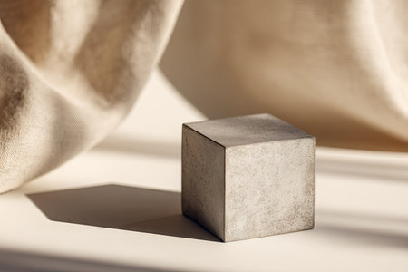 A concrete cube sits on a light surface, casting a defined shadow against a soft fabric backdrop. The scene is illuminated by natural light, enhancing the texture of the cube. This image is suitable for diverse applications, including product showcases or conceptual design presentations. The simplicity allows for flexible creative uses.の素材