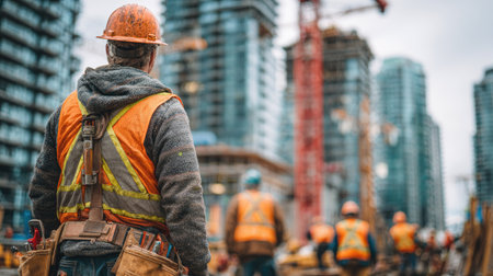 A construction worker in safety gear stands on a construction site, gazing at high-rise buildings. The scene displays a mix of orange, gray and blue tones. The composition features a shallow depth of field, with soft focus in the background, set during daylight. The image is suitable for various commercial uses.の素材