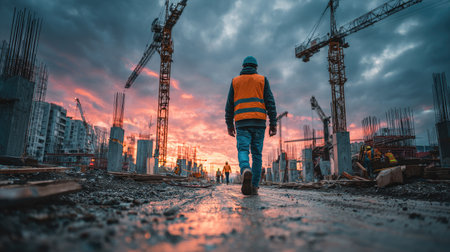 A construction worker is seen from behind, walking on a muddy path on a construction site. The image shows several construction cranes and building infrastructure against a cloudy, colorful sky at sunset. It's lit with dramatic lighting and is suitable for various commercial uses related to construction and industry.の素材