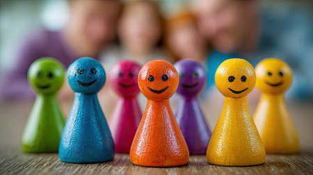A close-up view displays a group of cheerful, smiling game pieces in various colors. The smooth, painted figures are arranged in a row, set against a blurred background. The image has a shallow depth of field, with soft lighting and a focus on the central objects. This image is suitable for educational or marketing content.の素材