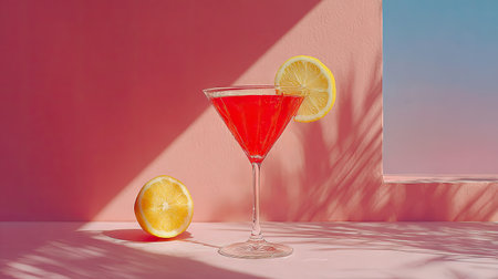 A vibrant red cosmopolitan cocktail sits in a stemmed glass with a lemon slice garnish. The image showcases the drink against a pink backdrop with cast shadows. The composition uses bright lighting. This image is suitable for promotional materials related to beverages and entertaining.の素材