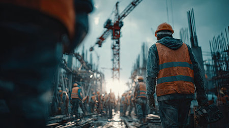 Construction workers are seen on a building site, with a large crane and the partially built structure of a building. The composition uses a low-angle perspective, with overcast lighting. The workers wear safety vests and helmets. Potential uses include architectural design, construction, and engineering themes.の素材