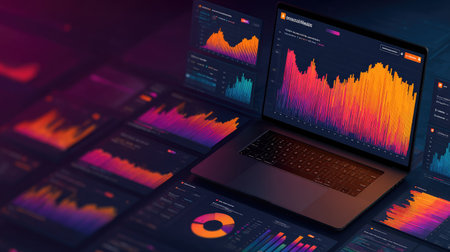 A laptop displays vibrant charts and graphs, with similar data representations arranged in a grid. The scene utilizes a gradient of colors, from blue to orange, creating a dynamic visual experience. The illustration style suggests a modern, technology-focused context. Suitable for applications in data analysis, business, or design.の素材