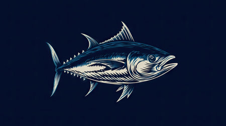 An artistic illustration presents a tuna fish rendered in intricate detail against a deep blue backdrop. The image utilizes varying shades of blue and white to highlight the fish's form and texture. Suitable for various design projects, this artwork may be applied in editorial and commercial contexts.の素材