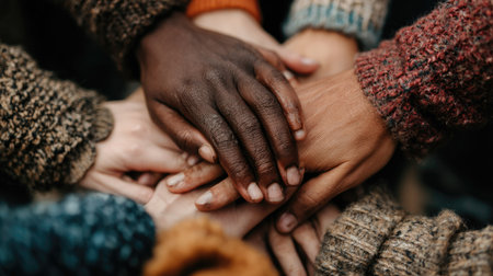 A close-up shot captures hands of various skin tones joined in a display of solidarity. The image shows textured fabrics of different sweaters in warm hues. The lighting suggests an indoor setting, and the composition evokes concepts of collaboration and support for diverse uses.の素材