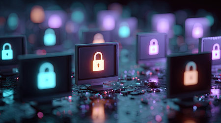 The image showcases multiple computer screens displaying illuminated padlock icons. The screens are arranged on a circuit board, with bokeh lights adding a vibrant touch. This composition emphasizes digital security concepts, with a focus on protection and safety. It would be suitable for editorial and commercial applications.の素材