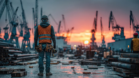 A construction worker stands in a harbor, observing an industrial scene. The photograph captures a vast area with multiple cranes and equipment, bathed in the warm glow of a sunset. The composition features various textures and colors, suggesting outdoor conditions. Suitable for illustrations related to infrastructure, industry, and construction, as well as editorial purposes.の素材