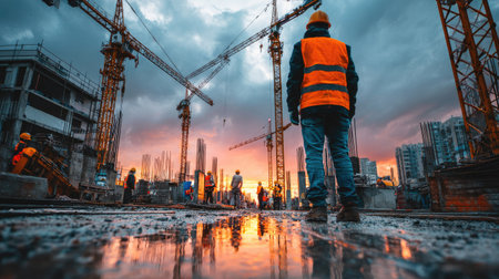 A construction worker stands, observing the construction site. The image displays a construction site with cranes and workers. The scene is illuminated by sunset, with a mixture of colors. This image could be used for architectural, engineering, or industrial purposes.の素材