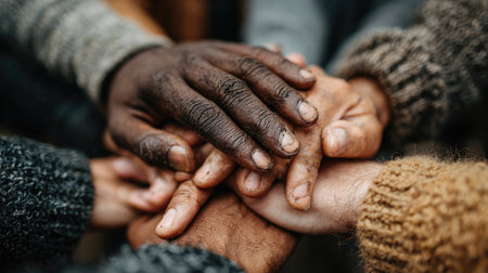 Close-up captures a group of hands layered atop each other, showcasing diverse skin tones. The image exhibits warm tones, with textures from various clothing. The composition highlights teamwork and togetherness. Suitable for commercial projects focusing on collaboration and community building.の素材