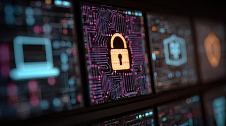 The image features multiple screens displaying circuit board patterns and icons, with a prominent padlock symbol. The composition uses a close-up perspective, highlighting the detailed graphics. The color palette includes blue, purple, and gold, suggesting a technology-focused environment, suitable for various editorial and commercial applications.の素材