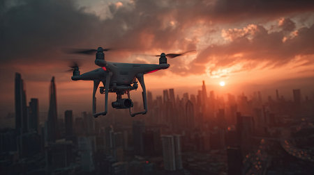 A drone hovers in mid-air above a city at sunset. The image displays the drone's details, illuminated by the warm light of the setting sun. The city skyline creates a dramatic silhouette against a sky with orange and yellow hues. It could be useful for projects related to technology or aerial perspectives.の素材