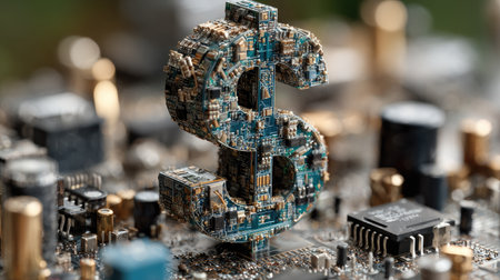 An electronic dollar sign stands amidst a circuit board, showcasing a concept of technology and finance. The image presents a blend of green and copper tones, with a shallow depth of field. The style indicates a digital design, possibly for business or financial presentations, advertisements, and editorial content.の素材