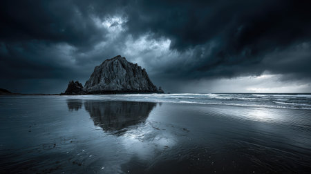 A dark, moody seascape depicts a large rock formation under a turbulent, overcast sky. The composition showcases a smooth, reflective foreground, possibly wet sand, mirroring the dramatic clouds above. The overall scene suggests a powerful natural environment, suitable for various editorial and commercial applications.の素材