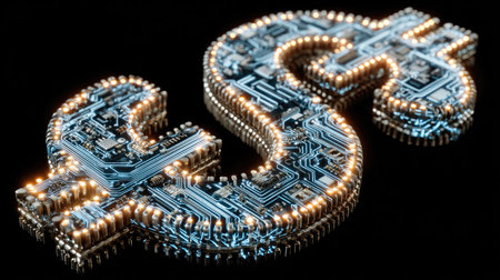 A close-up view presents a dollar sign formed with circuit board components, glowing in bright blue and gold. The object is set against a dark, featureless backdrop, highlighting its three-dimensional form. This visual concept suggests themes of technology, finance, and futuristic advancements, suitable for commercial projects.の素材