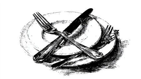 This black and white illustration depicts a formal table setting. It showcases a plate, crossed fork and knife, and a second fork. The style appears to be a vintage engraving with high contrast. Suitable for editorial and commercial use, such as advertising or design projects.の素材
