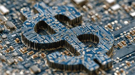 A close-up view presents a dollar sign formed with an intricate electronic circuit design. The composition reveals a blue and silver color palette. The image conveys modern technology and financial concepts. Suitable for illustrating themes like digital currency, business, or technology.の素材