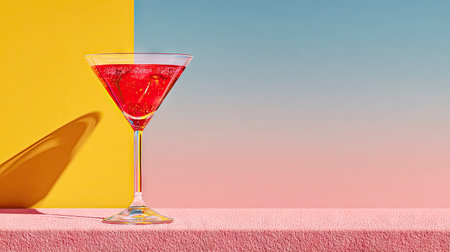A tall, stemmed glass holds a bright red cocktail, set against a two-tone background of yellow and a gradient of blue and pink. The drink is illuminated by directional light, casting a shadow. This image could be used for advertising, editorial, or promotional material related to beverages.の素材