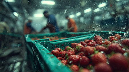 Close-up of fresh red strawberries overflowing from green crates. Workers are seen in the background, likely harvesting or processing the produce. The image uses a shallow depth of field, with droplets of water suspended in the air. The scene evokes freshness, potential uses include advertising for food products.の素材