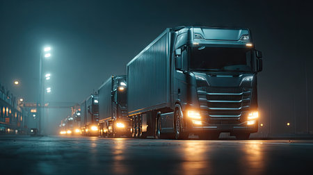 A line of semi-trucks travels along a dark road, illuminated by their headlights and streetlights. The trucks are dark in color, set against the blue-toned background. The scene suggests a night time setting. This image may be used for transportation, logistics, and delivery concepts.の素材