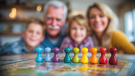A family is gathered around a table with a board game. The image features a shallow depth of field, with colorful game pieces in sharp focus. Warm lighting and soft colors create a welcoming atmosphere. The composition suggests family interaction and leisure activities, suitable for various editorial and promotional purposes.の素材
