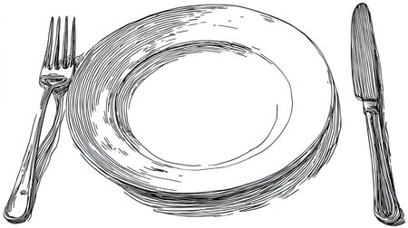 This black and white vector illustration depicts a plate, fork, and knife arranged in a dining setting. The detailed line art showcases a stack of plates and cutlery. Suitable for various applications, this image is ideal for use in design projects related to food, restaurant, or dining concepts.の素材