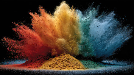An artistic image presents exploding clouds of colorful powder. The composition features a variety of hues, including red, yellow, and blue, against a dark backdrop. The visual style is dynamic and abstract. Suitable for a range of creative and commercial uses.の素材