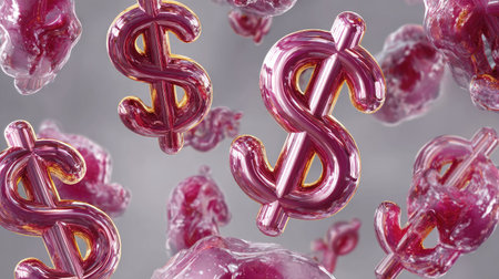 This image features numerous dollar signs, rendered with a glossy, metallic appearance. The composition includes a blurred background with soft, organic shapes, suggesting a sense of growth or flow. The overall style is modern and digital, suitable for various financial themes and commercial applications.の素材